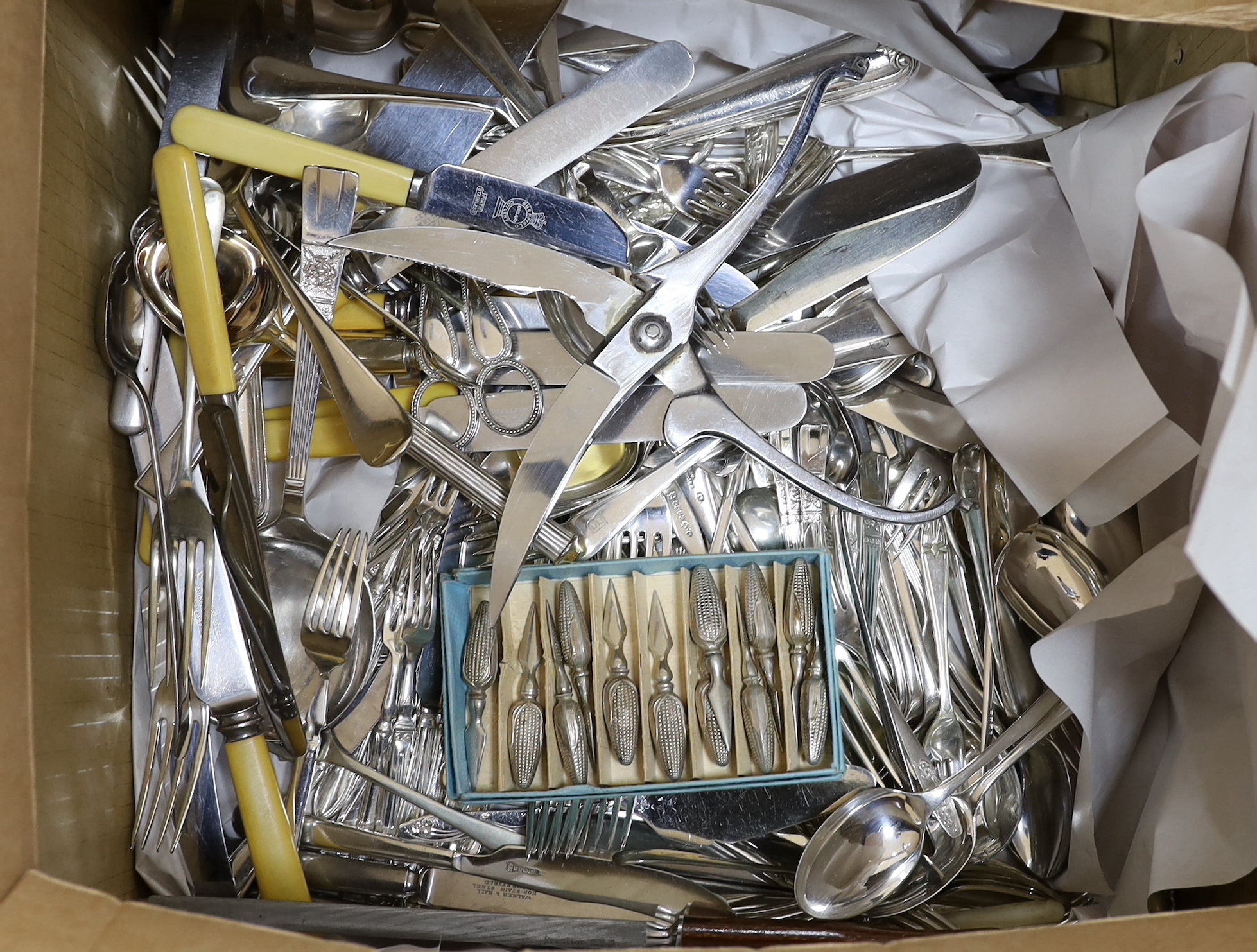 A large quantity of assorted plated cutlery, including a part canteen of Valiant Plate cutlery